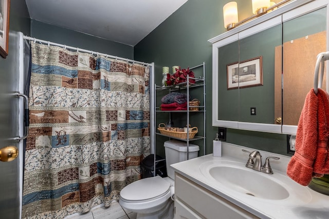 bathroom featuring a shower with curtain, toilet, and vanity