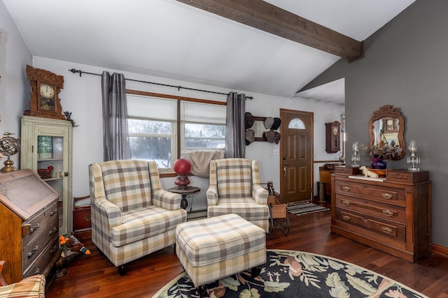 sitting room featuring vaulted ceiling with beams and dark wood-type flooring