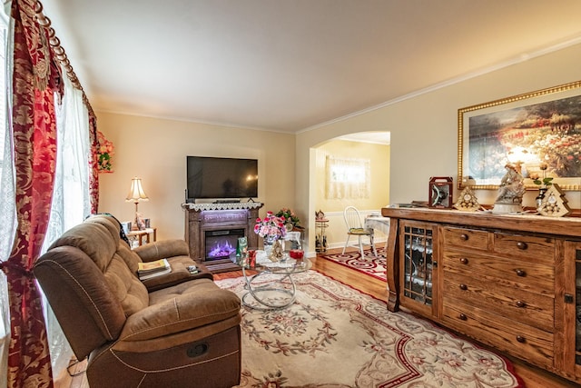 living room with a wealth of natural light, hardwood / wood-style floors, and ornamental molding