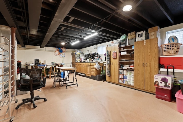 basement with a workshop area