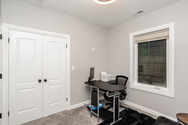 view of carpeted home office