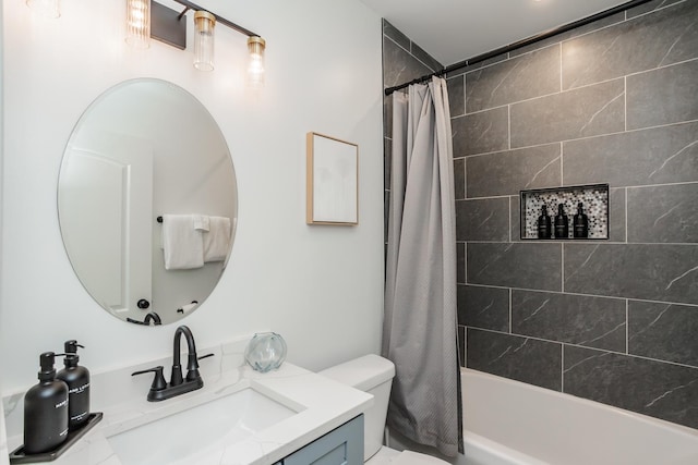 full bathroom featuring vanity, shower / bath combination with curtain, and toilet