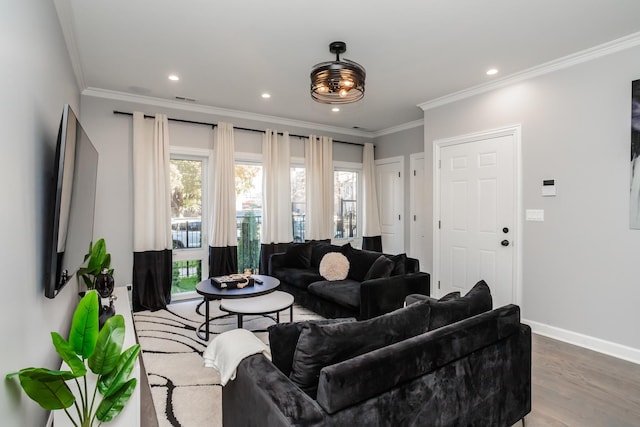 living room featuring hardwood / wood-style floors and ornamental molding