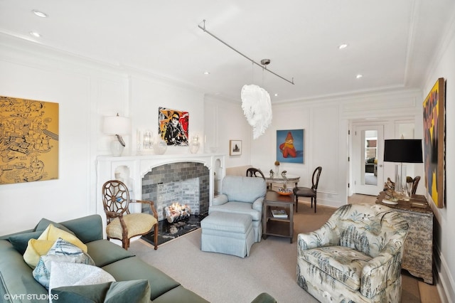 living room with light colored carpet and crown molding