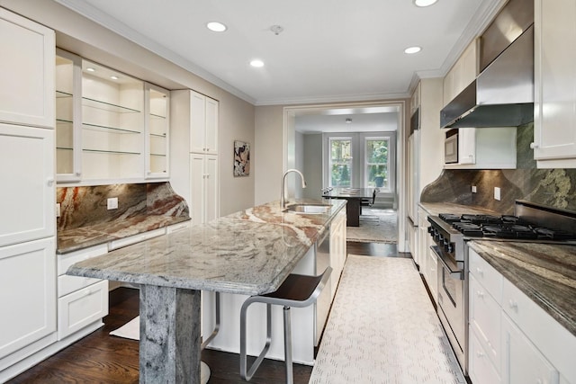 kitchen with light stone countertops, stainless steel range, wall chimney exhaust hood, sink, and a kitchen island with sink