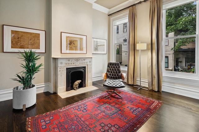 living area with ornamental molding and dark wood-type flooring