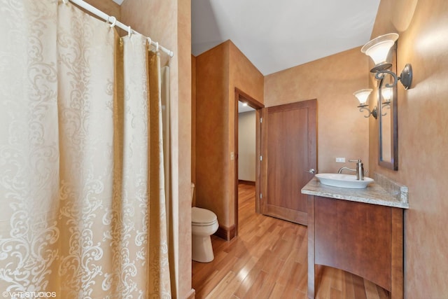 bathroom with toilet, vanity, and hardwood / wood-style flooring