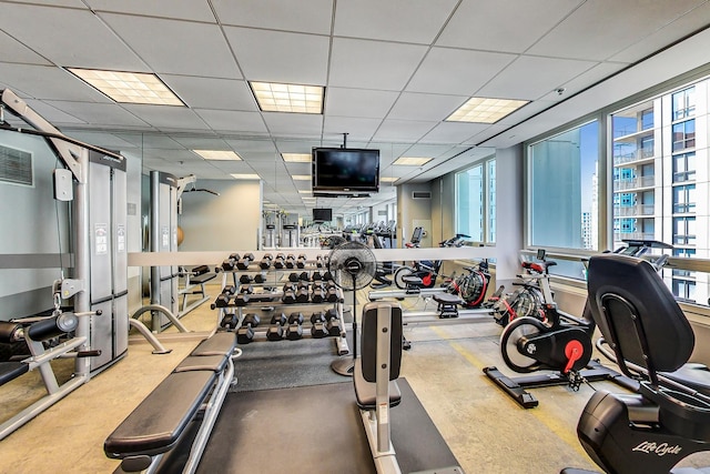 gym featuring a drop ceiling and a healthy amount of sunlight