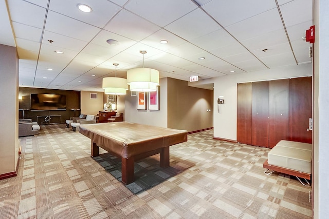 recreation room with light colored carpet and pool table