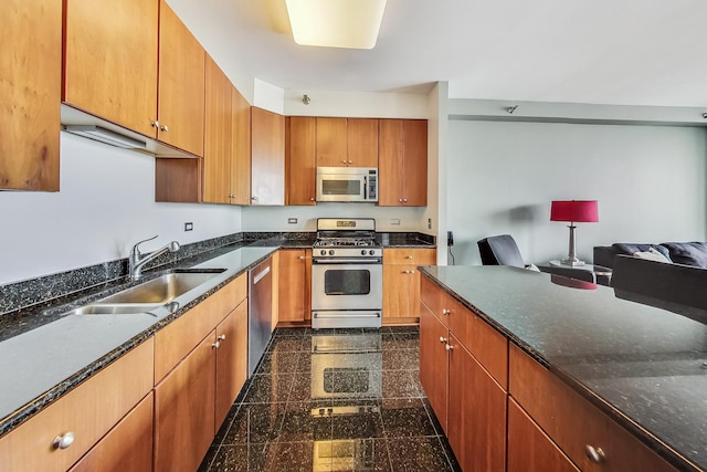 kitchen with appliances with stainless steel finishes, dark stone countertops, and sink