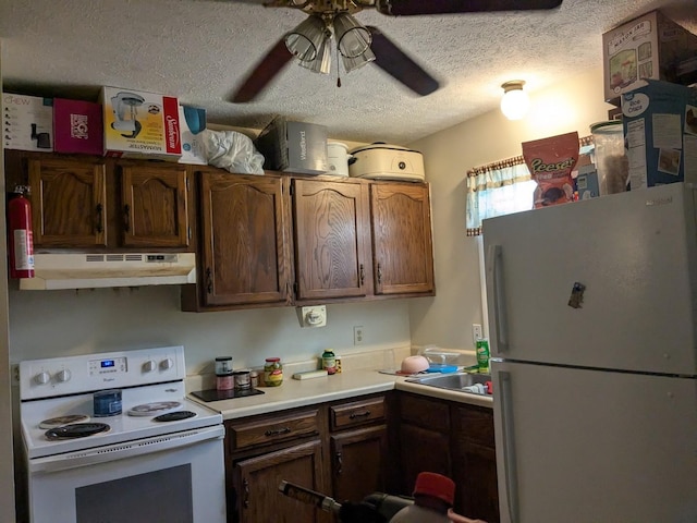 kitchen with ceiling fan, white appliances, sink, and a textured ceiling