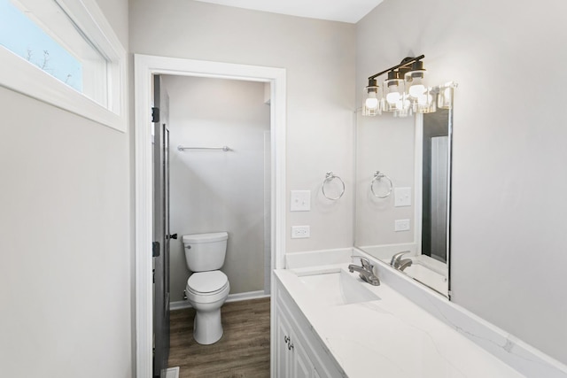 bathroom featuring vanity, wood-type flooring, and toilet