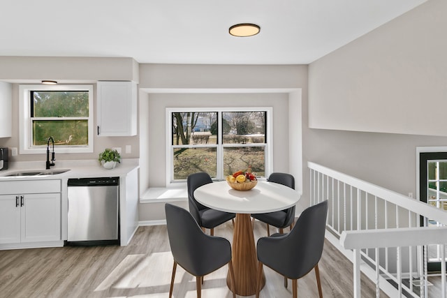 kitchen featuring stainless steel dishwasher, plenty of natural light, white cabinetry, and sink