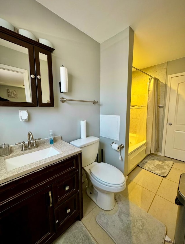 full bathroom featuring toilet, tile patterned flooring, shower / bathtub combination with curtain, and vanity