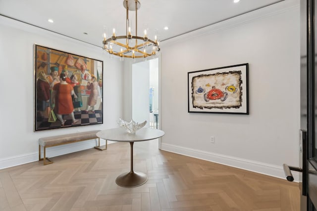 hallway featuring parquet floors, a chandelier, and ornamental molding