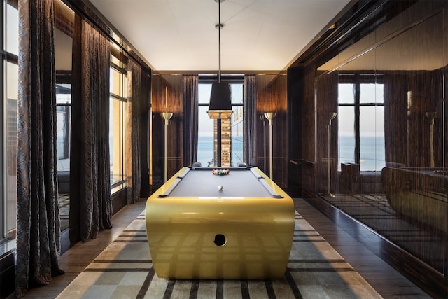 rec room featuring a water view, wood walls, and billiards