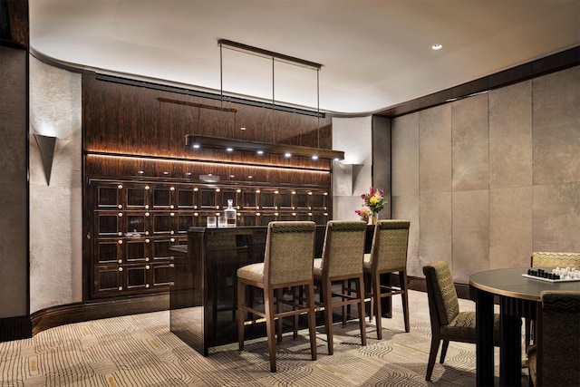 bar featuring light carpet and dark brown cabinetry