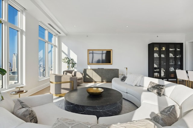 living room with plenty of natural light, wood-type flooring, and ornamental molding