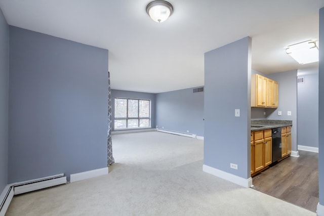 kitchen featuring carpet flooring, baseboard heating, black dishwasher, and light brown cabinetry