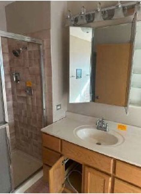 bathroom featuring vanity and a shower with door