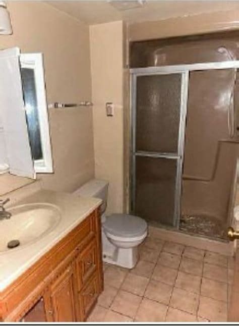 3710 Briar Ln, Hazel Crest, IL 60429 - full bathroom with vanity, tile patterned flooring, toilet, and a shower stall