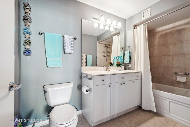 bathroom featuring toilet, visible vents, vanity, tile patterned floors, and shower / bathtub combination with curtain