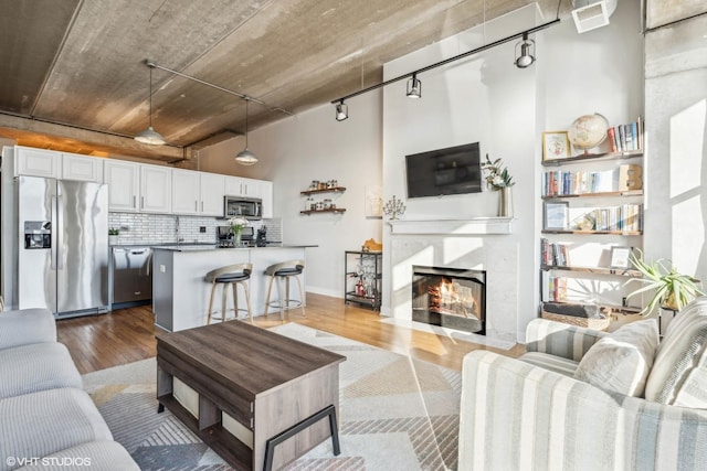 living room with a glass covered fireplace, a towering ceiling, track lighting, and wood finished floors