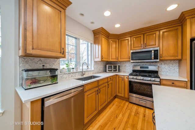 kitchen featuring light wood-type flooring, stainless steel appliances, backsplash, and sink