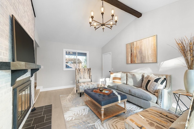 living room featuring a fireplace, vaulted ceiling with beams, dark hardwood / wood-style floors, and an inviting chandelier