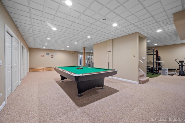 recreation room featuring billiards and light colored carpet