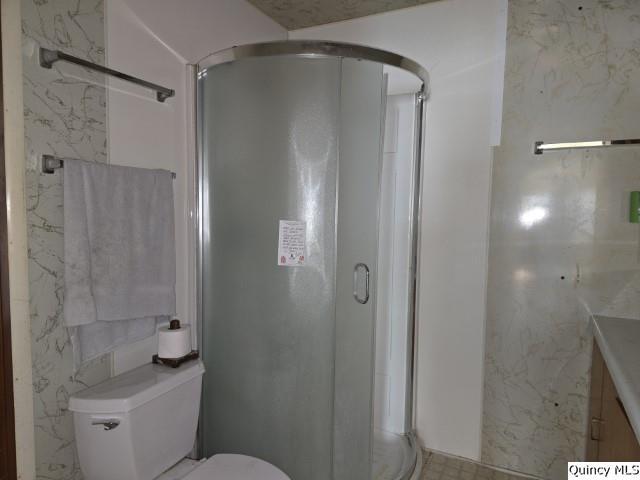 bathroom with an enclosed shower, vanity, and toilet