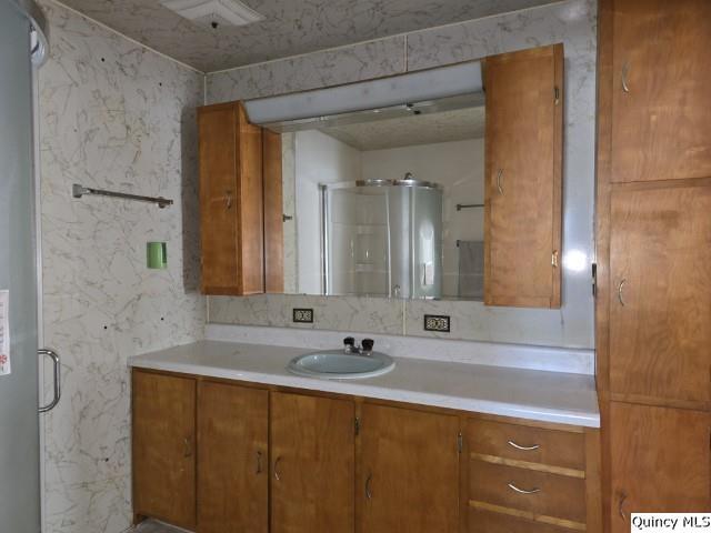 bathroom with vanity and a shower with shower door