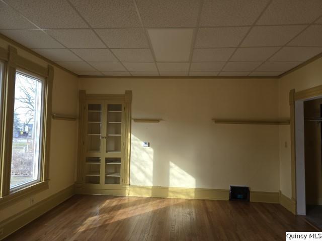 empty room with wood-type flooring, plenty of natural light, and a drop ceiling