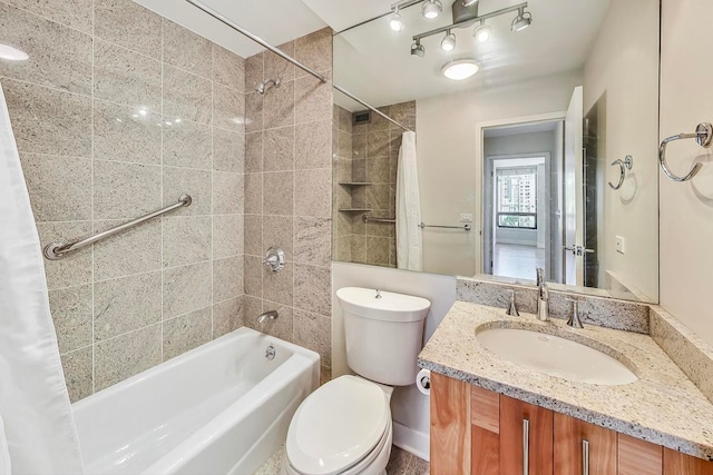 full bathroom featuring vanity, toilet, and shower / bathtub combination with curtain