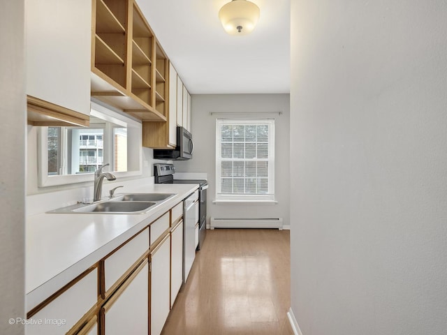 kitchen featuring appliances with stainless steel finishes, sink, white cabinets, a baseboard heating unit, and light hardwood / wood-style floors