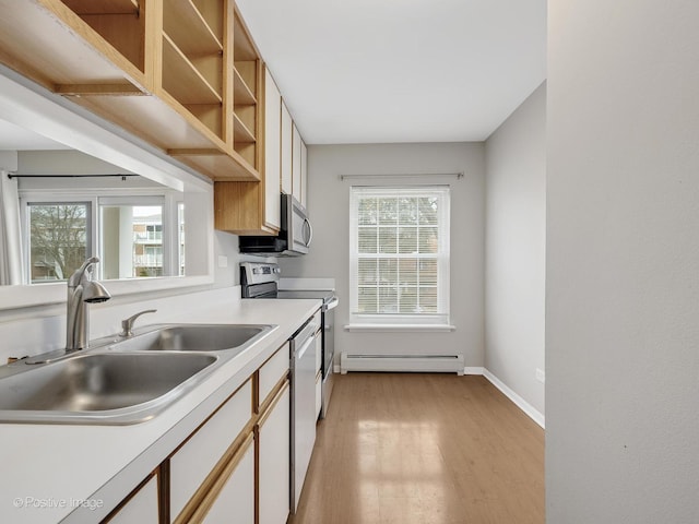 kitchen featuring sink, white cabinets, baseboard heating, light hardwood / wood-style floors, and stainless steel appliances