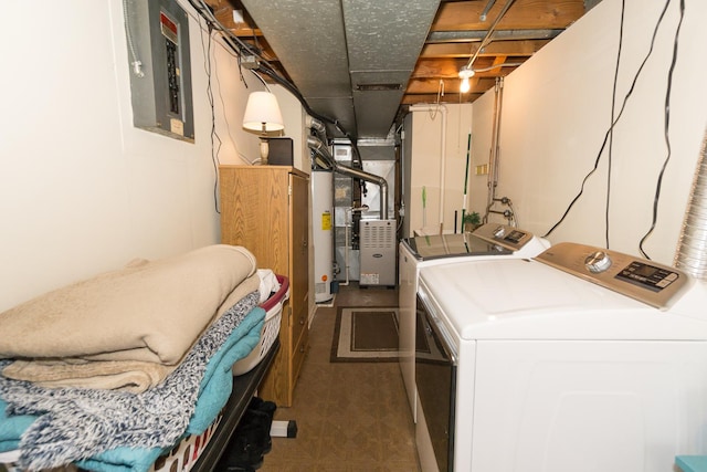 laundry area featuring electric panel, water heater, heating unit, and washing machine and clothes dryer