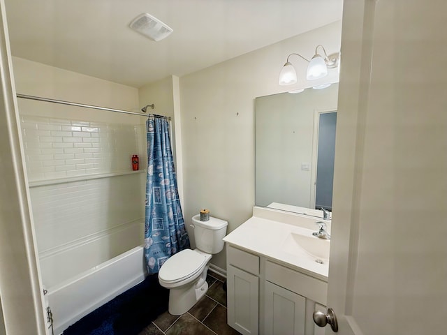 full bathroom featuring toilet, vanity, shower / bathtub combination with curtain, and tile patterned flooring