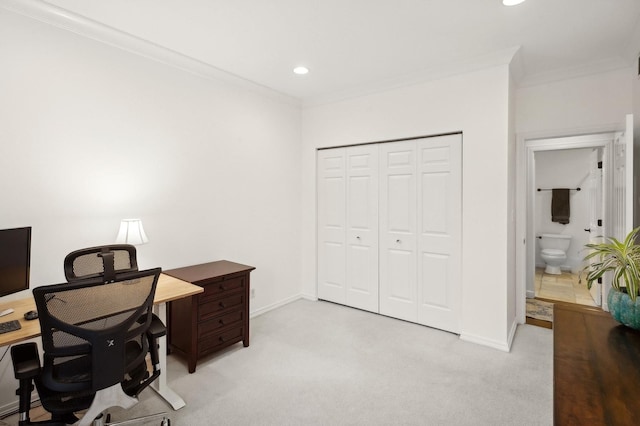 carpeted office featuring ornamental molding