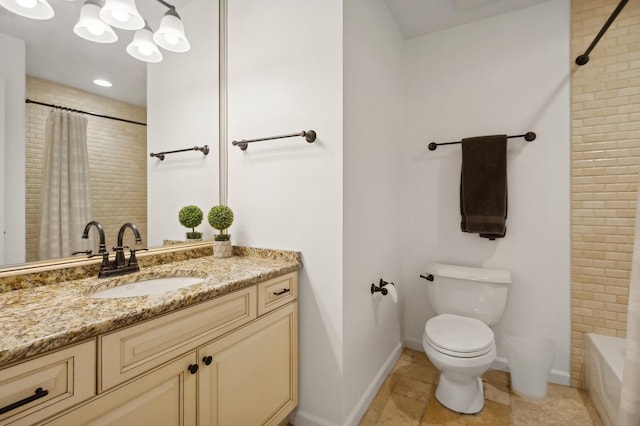 full bathroom with shower / bath combination with curtain, vanity, toilet, and tile patterned flooring