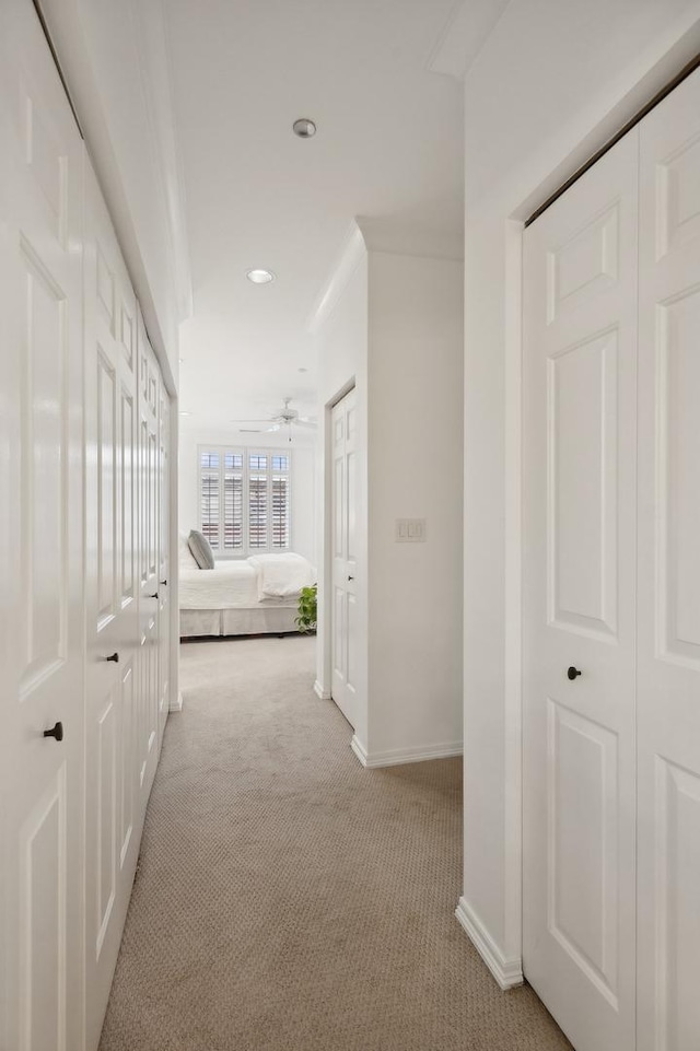 hallway with crown molding and light carpet