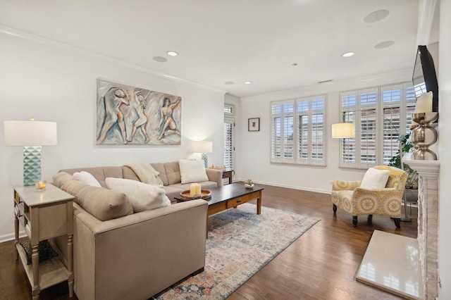 living room with crown molding and dark hardwood / wood-style floors