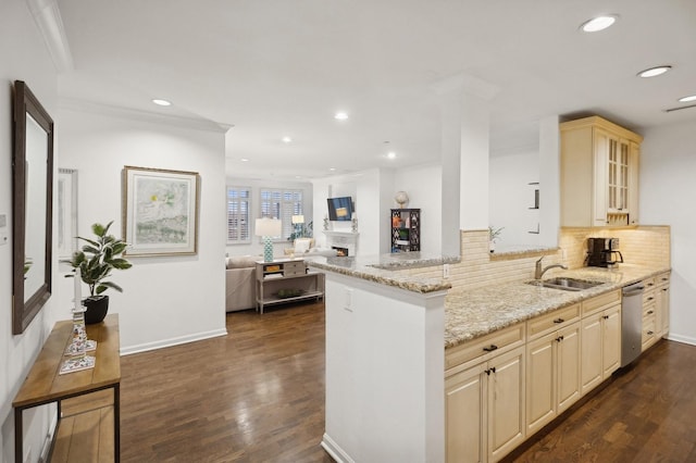 kitchen with sink, stainless steel dishwasher, light stone counters, kitchen peninsula, and dark wood-type flooring