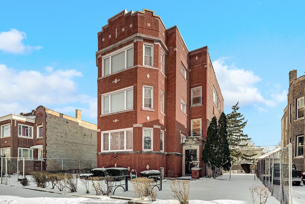 view of snow covered building