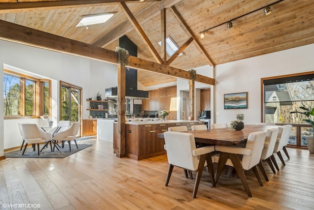 dining area with wood ceiling, light hardwood / wood-style floors, and beamed ceiling