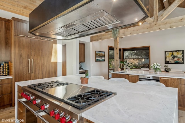 kitchen with a kitchen island, a breakfast bar, high end stainless steel range oven, and premium range hood