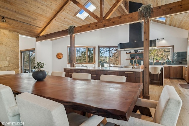 dining area featuring beam ceiling, wood ceiling, a skylight, and light wood-type flooring