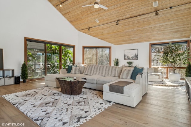 living room with a wealth of natural light, wooden ceiling, and light hardwood / wood-style floors