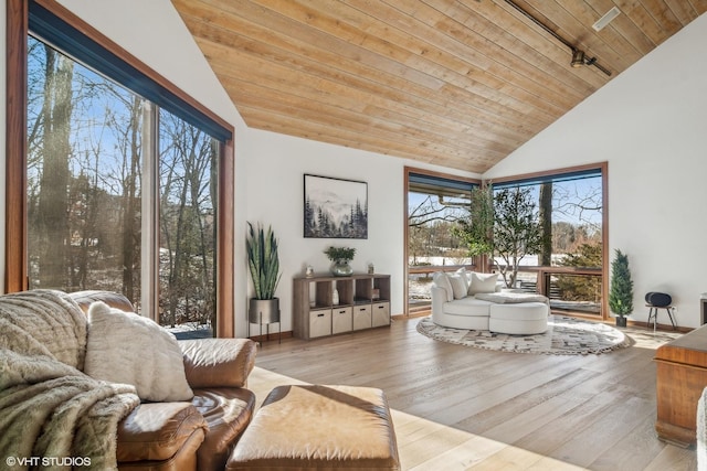 living room featuring lofted ceiling, a wealth of natural light, light hardwood / wood-style flooring, and wooden ceiling