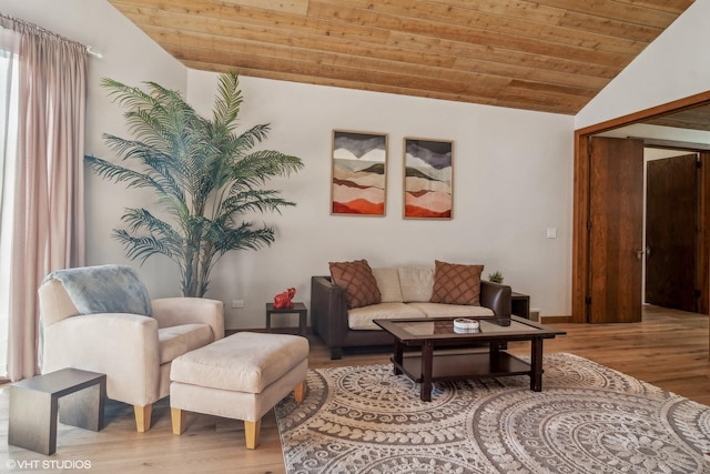 living room with vaulted ceiling, light wood-type flooring, and wood ceiling